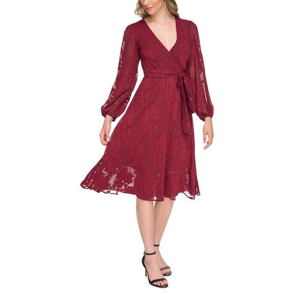 kensie Women's V-Neck Chiffon Fit & Flare Dress Burgundy Size 6 - Picture 3 of 3